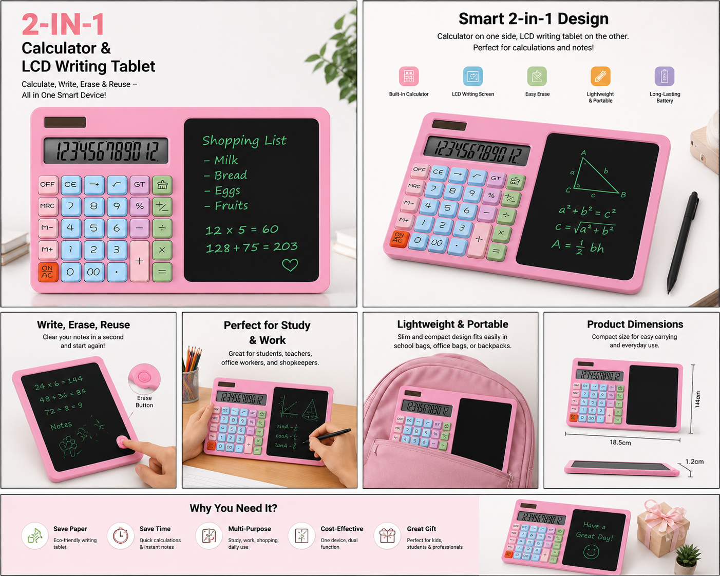 Premium 2-in-1 Calculator & LCD Writing Tablet