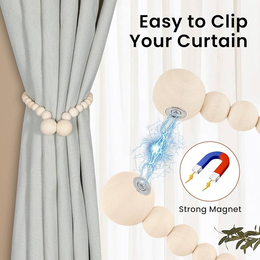 Deluxe Magnetic Curtain Tiebacks with Unique Wooden Balls