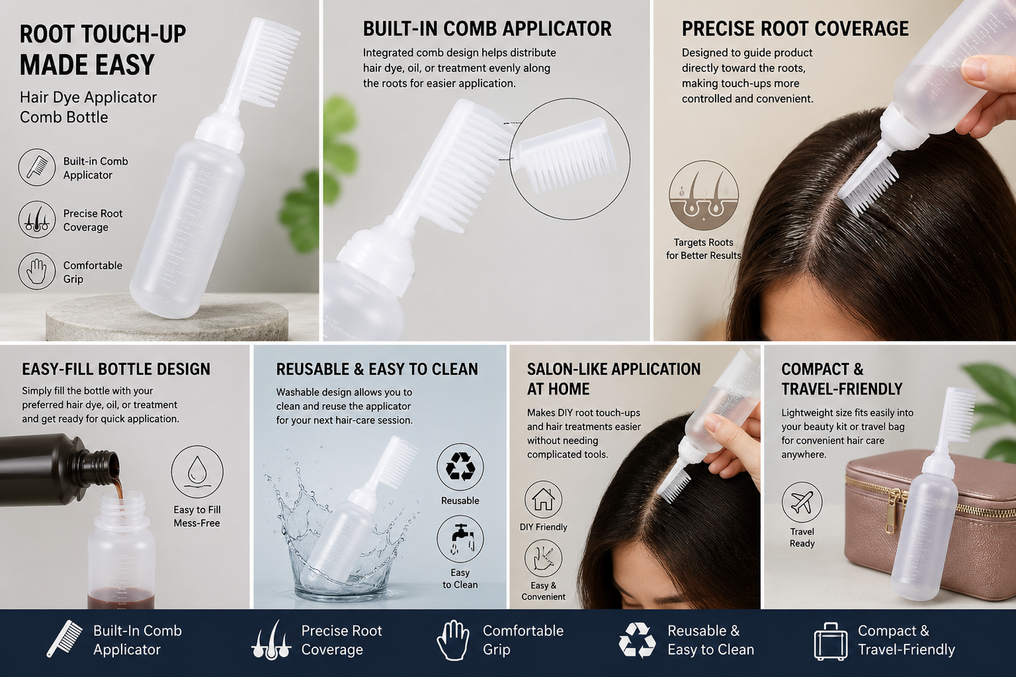 Premium Root Hair Dye Applicator Comb Bottle